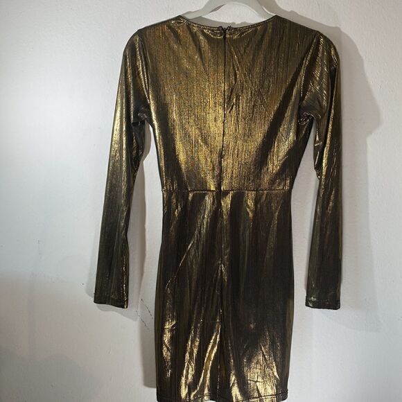 NWOT Lulus Night Shine Gold Long Sleeve Knotted Bodycon Dress - Picture 10 of 13